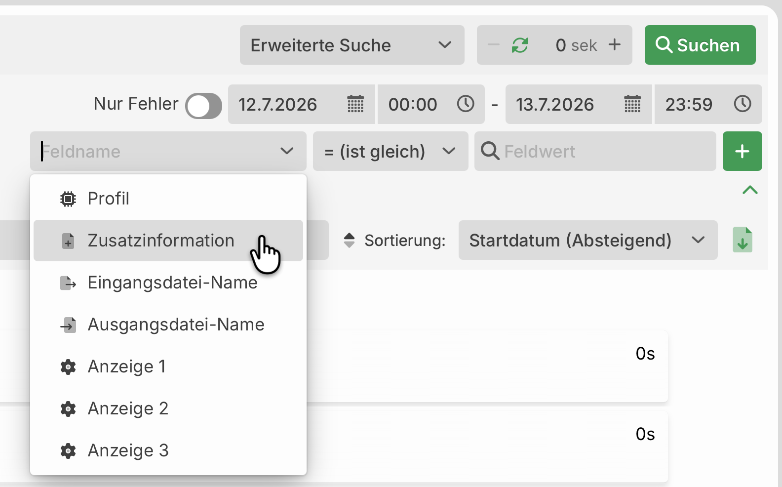 Erweiterte Suche mit den Feldern Zusatzinformationen sowie Anzeige 1, Anzeige 2 und Anzeige 3.